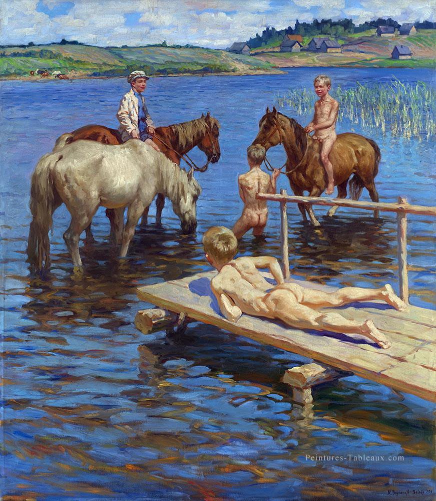 chevaux baignant Nikolay Bogdanov Belsky Peintures à l'huile